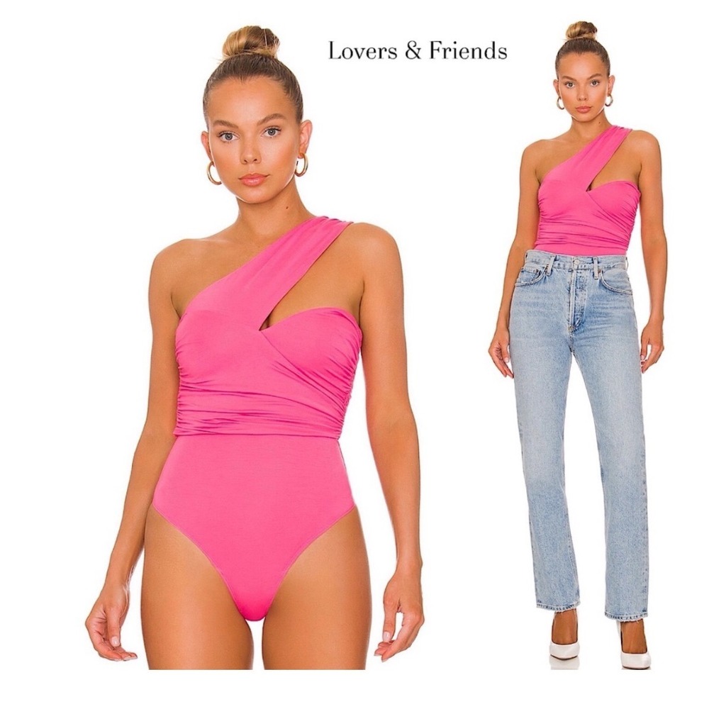 Lovers + Friends Liv Pink One Shoulder Cutout Ruched Thong Bodysuit Small NWT